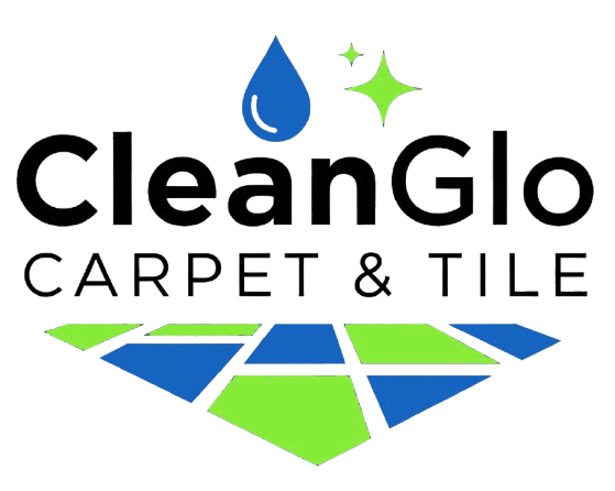 CleanGlo Carpet & Tile logo: Blue water drop and green sparkles above black text, tiled floor graphic below.