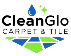 CleanGlo Carpet & Tile logo: Blue water drop and green sparkles above black text, tiled floor graphic below.