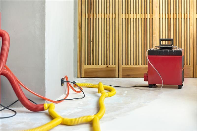 Red and yellow hoses connected to a red dehumidifier on a wet floor, near a wall and wooden paneling.