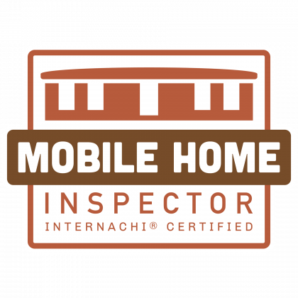 A logo for a mobile home inspector is shown on a white background.