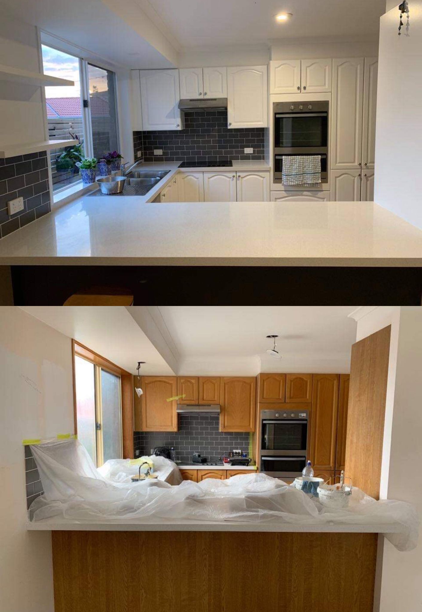 Kitchen renovation: top shows finished white cabinets, bottom shows wood cabinets before.