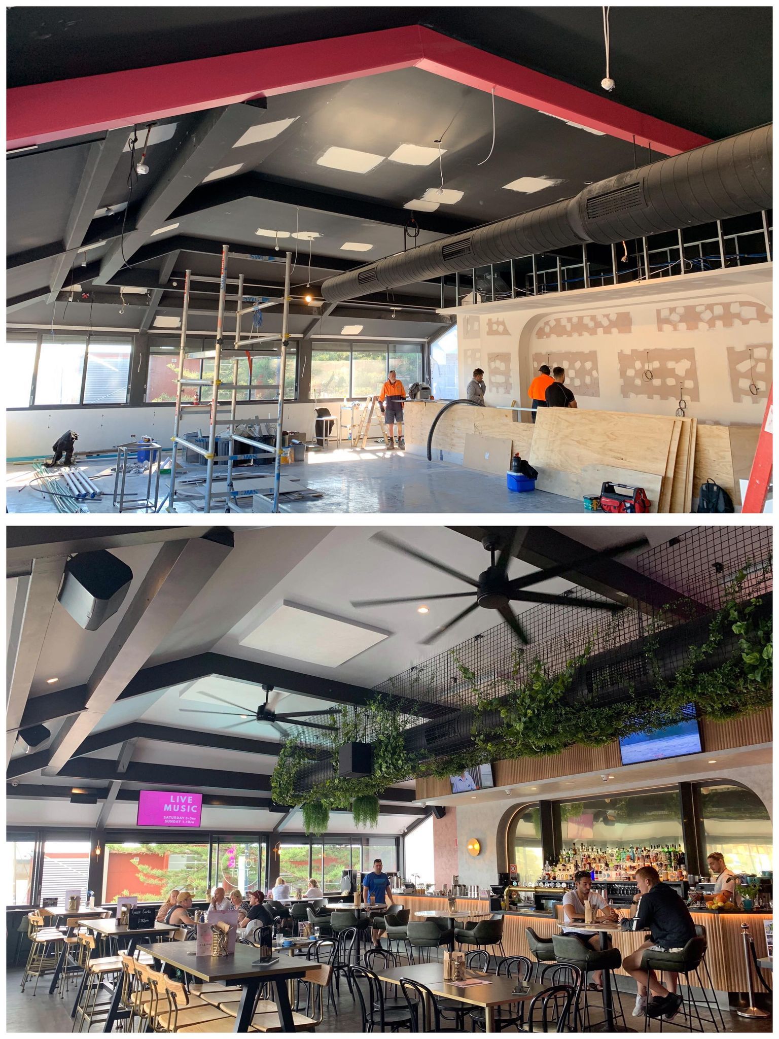 Construction of a restaurant interior, transforming from bare bones to a finished space with tables, bar, and decor.