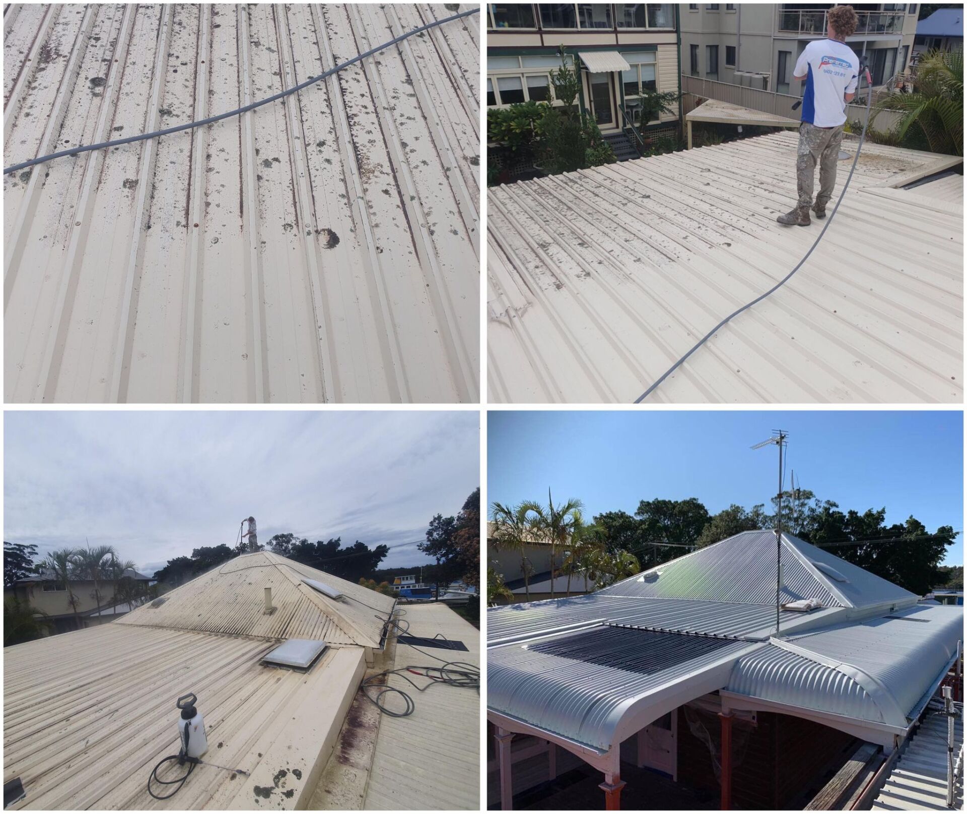 Four images showing a person cleaning a white metal roof, removing debris with a hose.