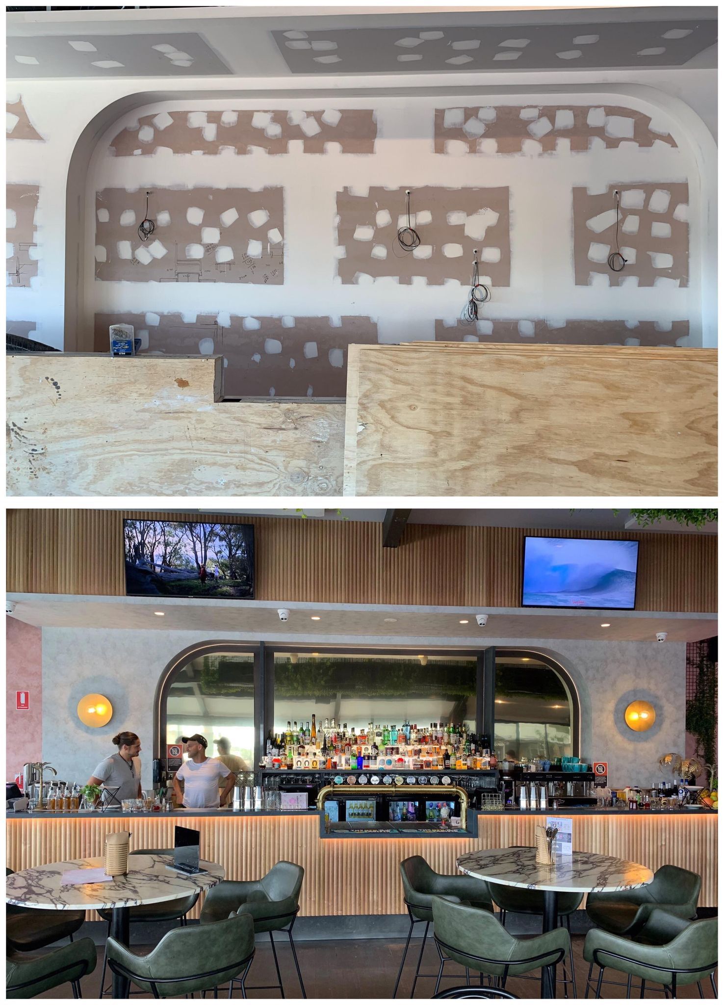 Top: Construction of bar with drywall. Bottom: Completed bar with patrons and staff.