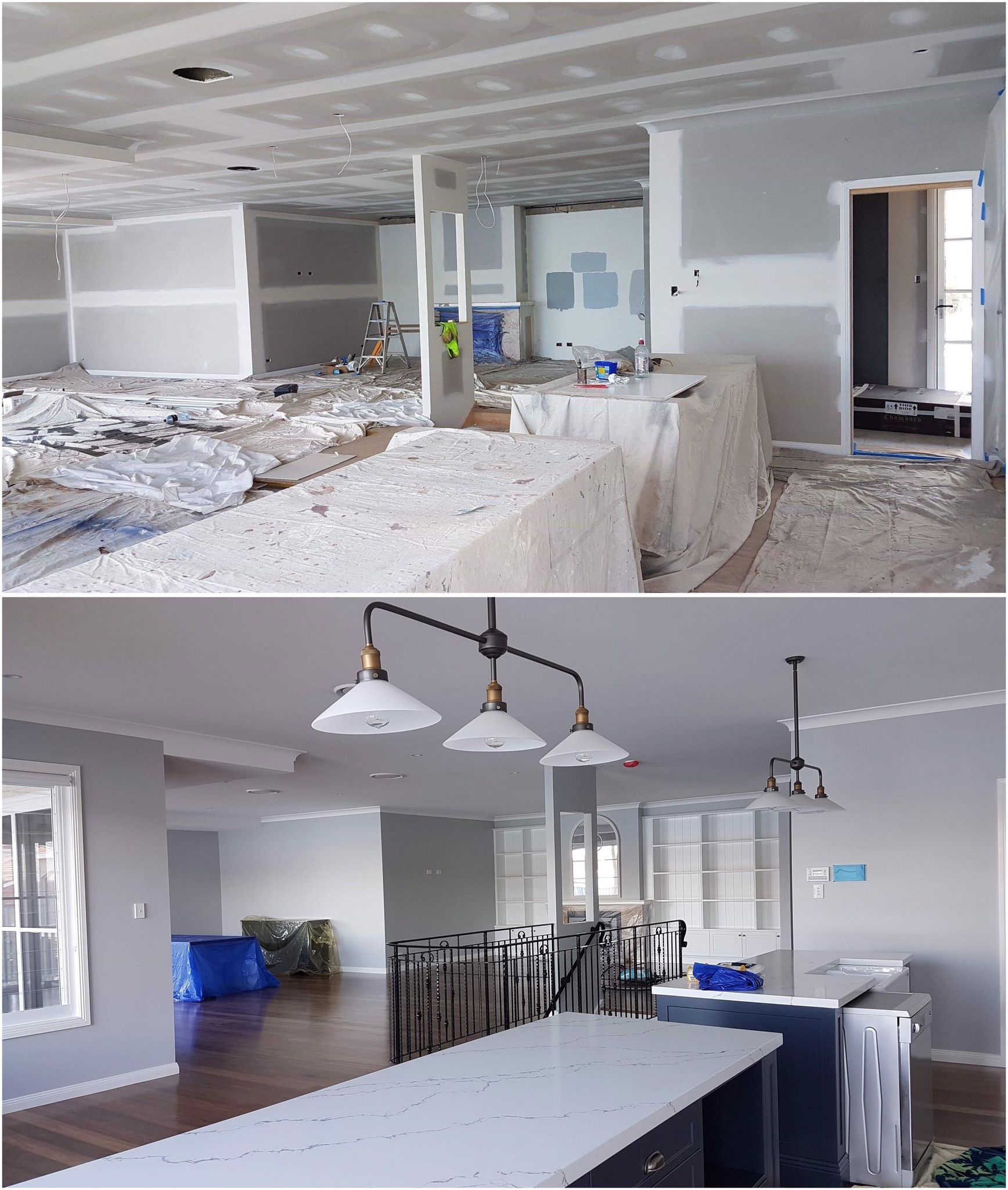 Top: Interior under construction, drywall stage. Bottom: Finished interior with kitchen island and pendant lights.