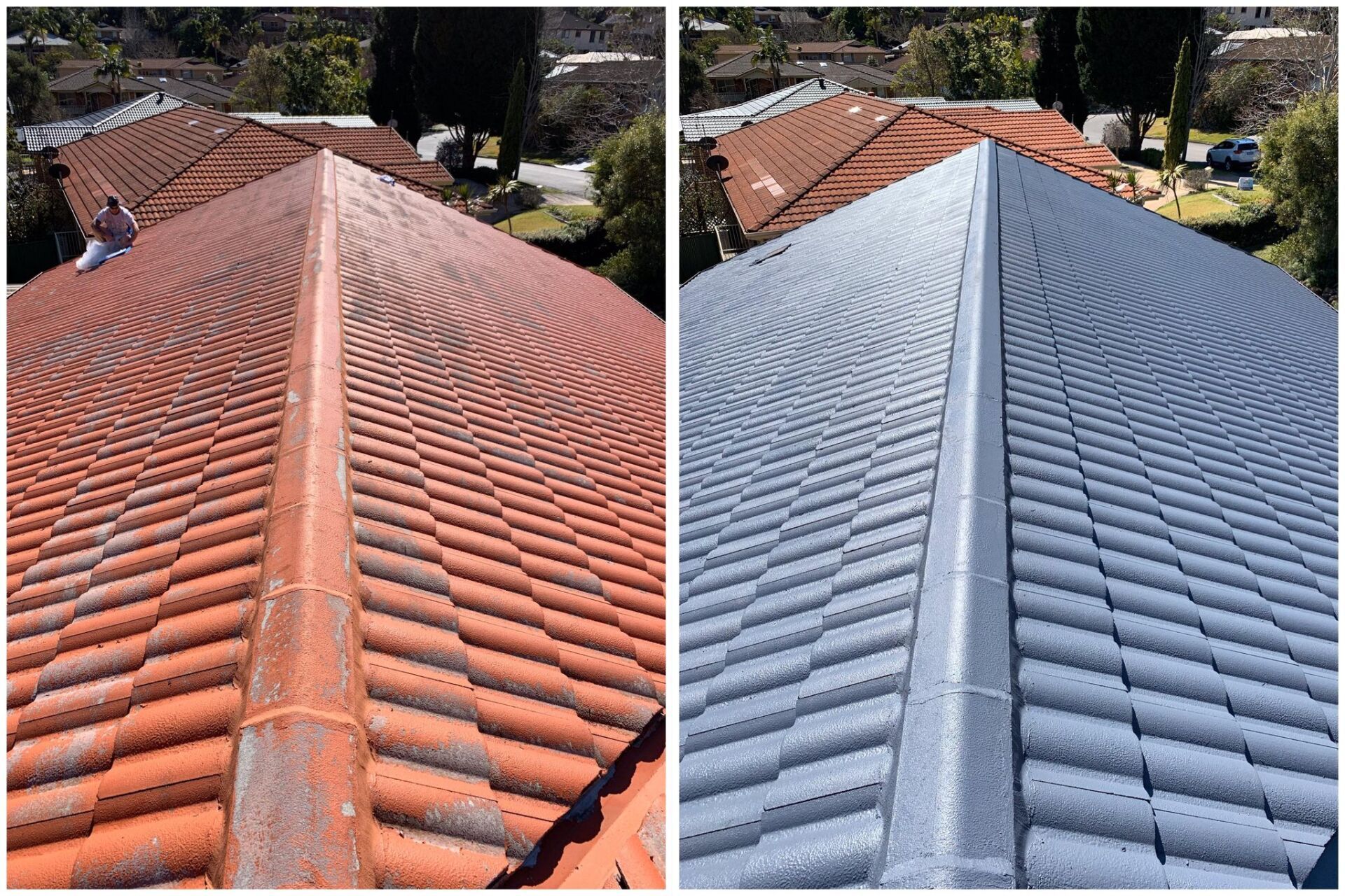 Before and after comparison of a terracotta tile roof, stained then freshly painted gray.