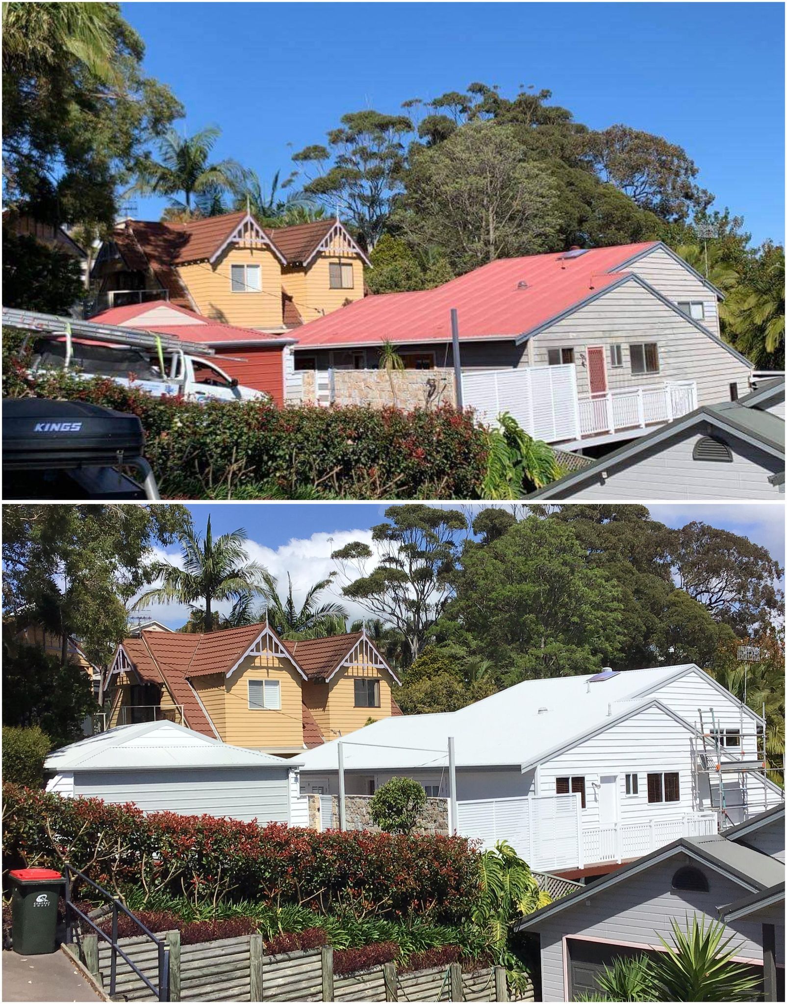 Two suburban houses, one with a red roof, one white, nestled among trees under a blue sky.