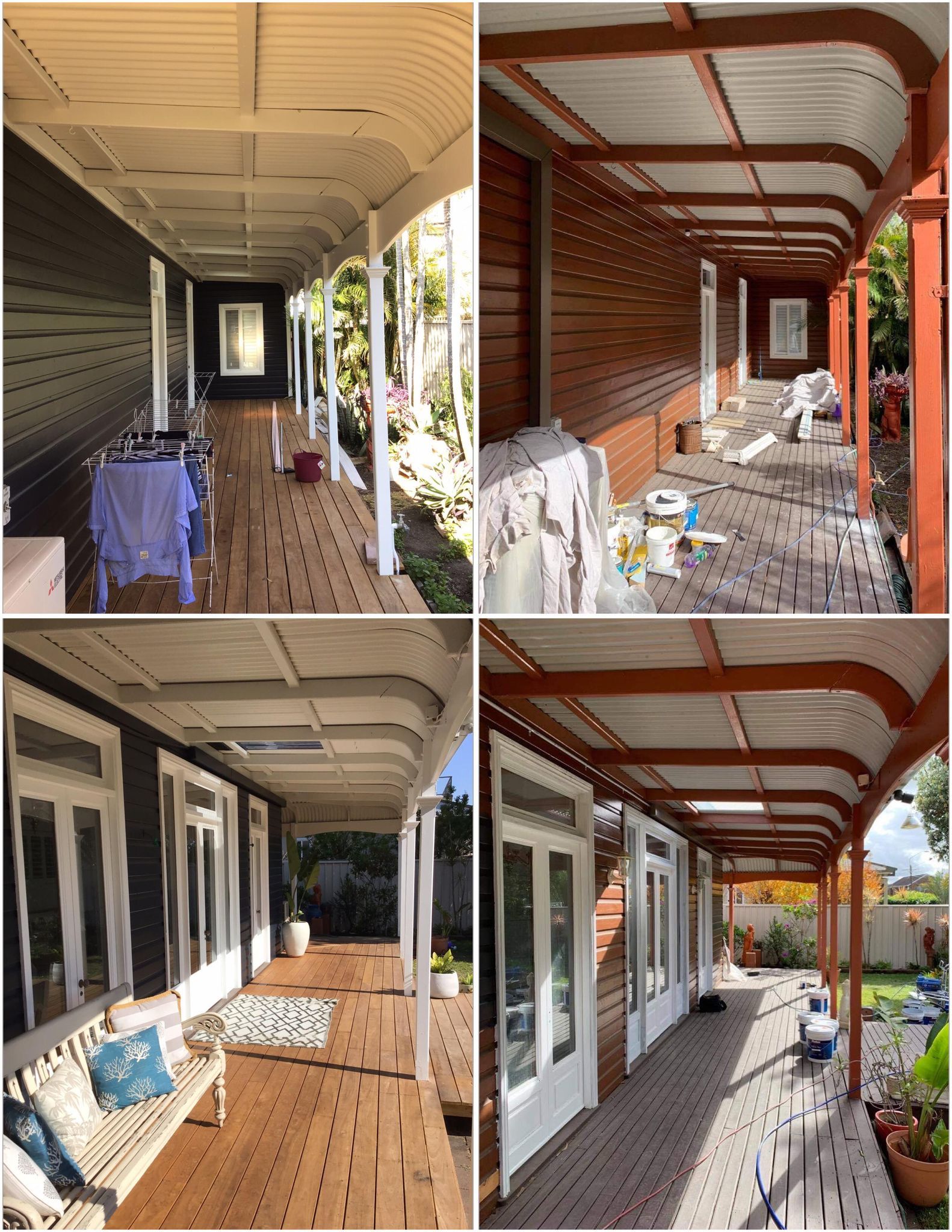 Four views of a house's covered porch with a brown floor, white ceiling, and wooden beams.