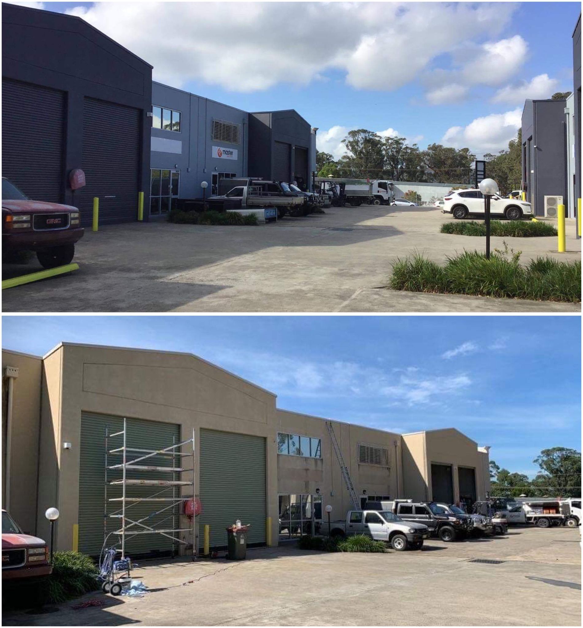 Two views of industrial buildings with parked vehicles on a sunny day.