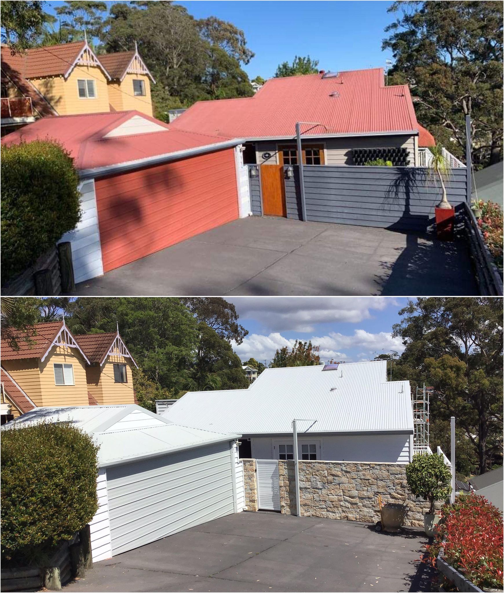 Two photos of a house exterior. One with a red roof and garage door, the other with a white roof and door.