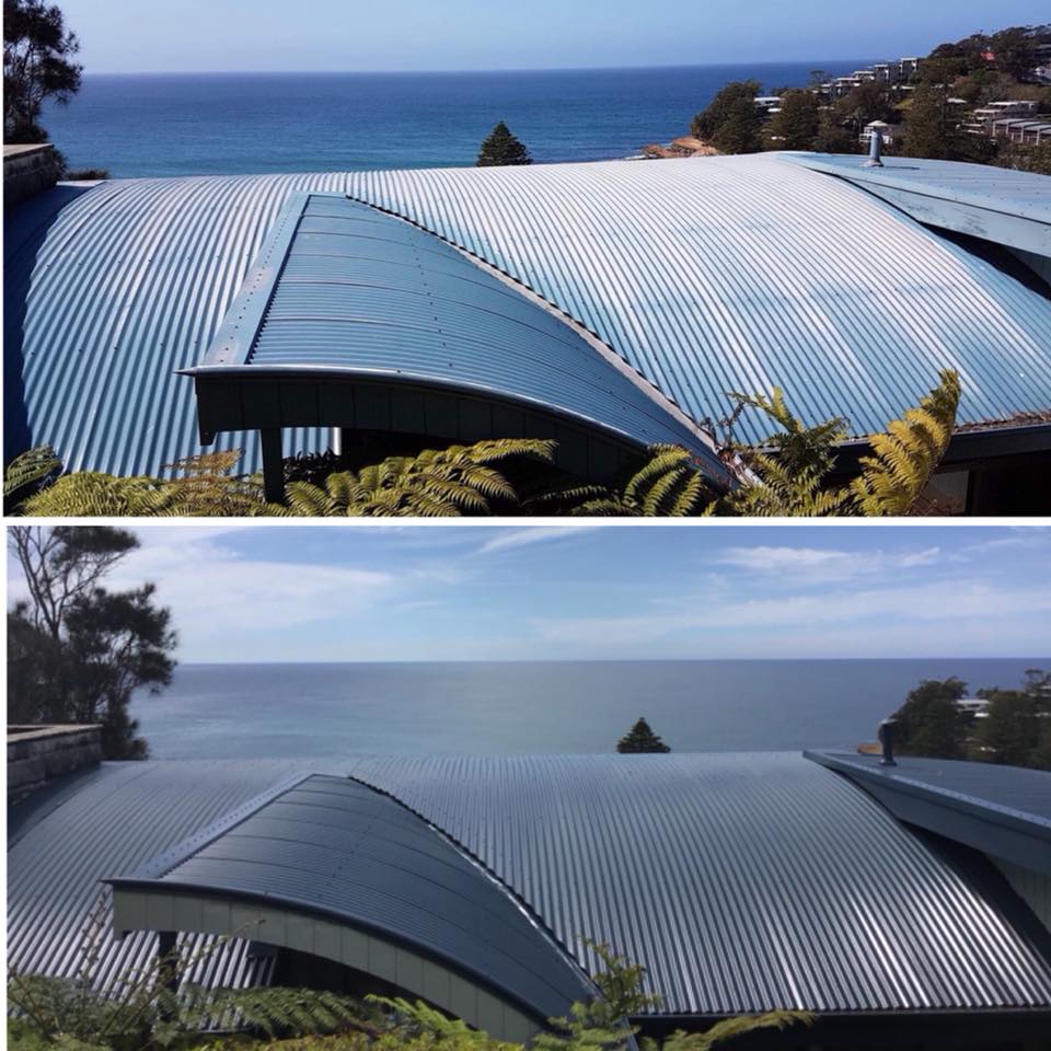 Two photos: curved corrugated metal roof overlooking ocean. Before and after, one with a blue-tinted panel.