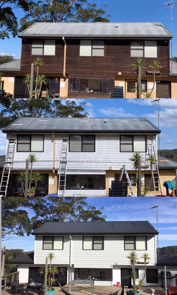 Before and after photos of a two-story house being painted white with black trim.