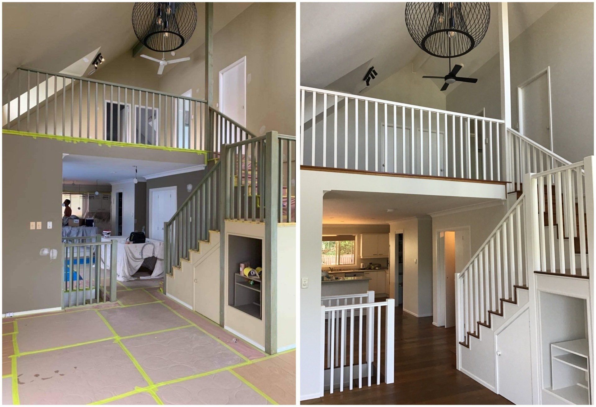 Before and after photos: Interior with staircase and balcony, repainted white, lighter, and brighter.