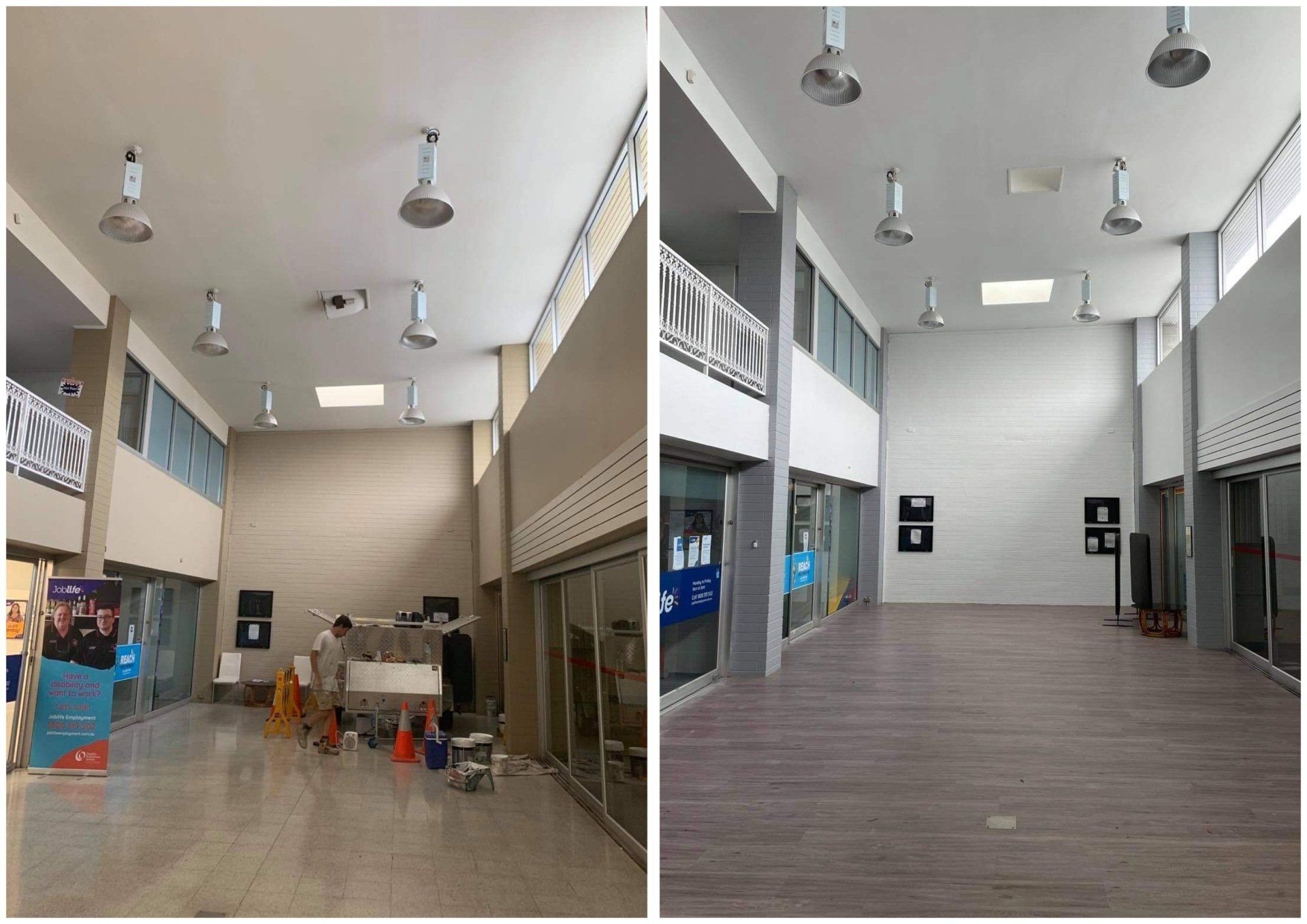 Two photos: Empty hall with high ceilings, ceiling fans, and large windows; before and after renovation.