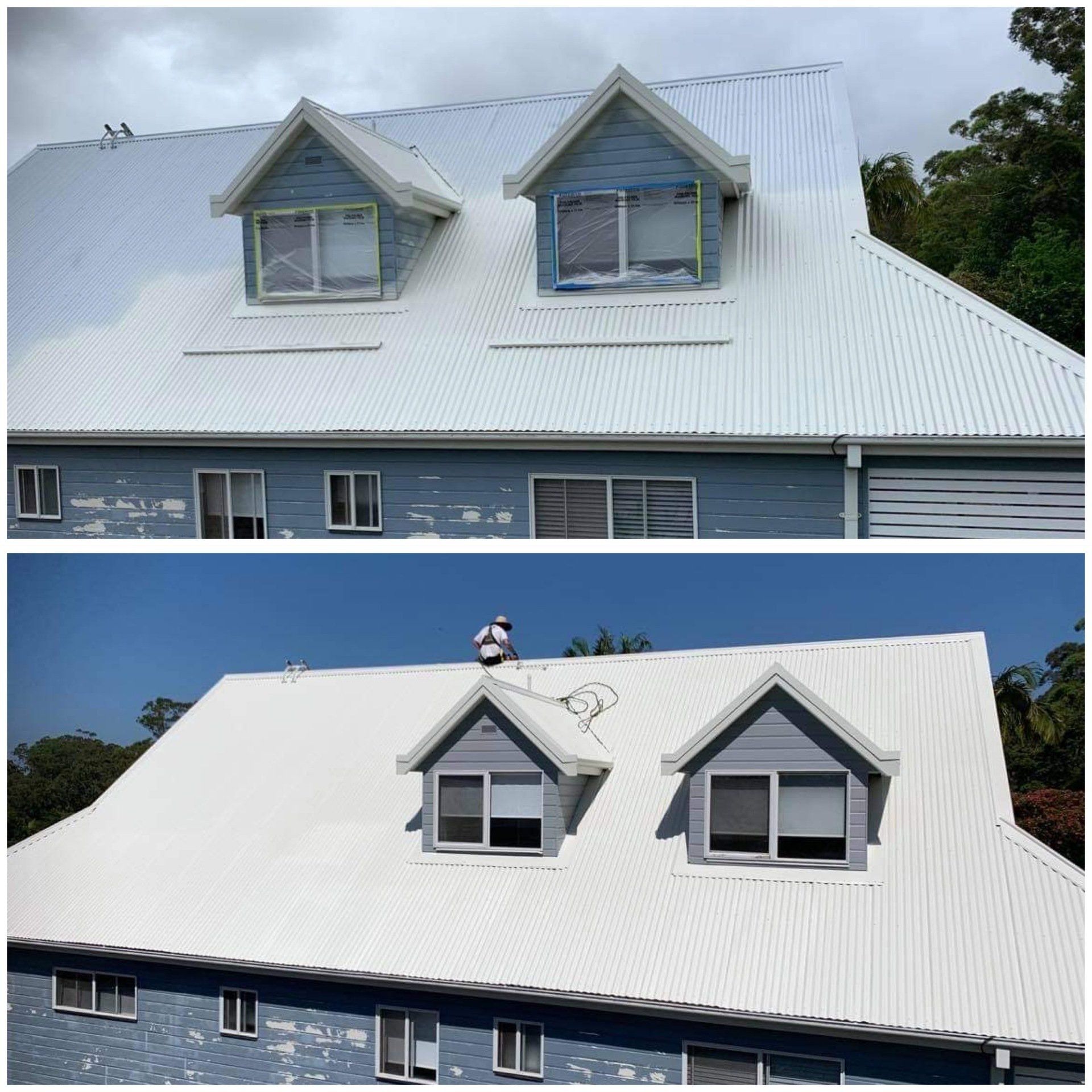 Two images: a blue house with a white roof; before and after roof painting.