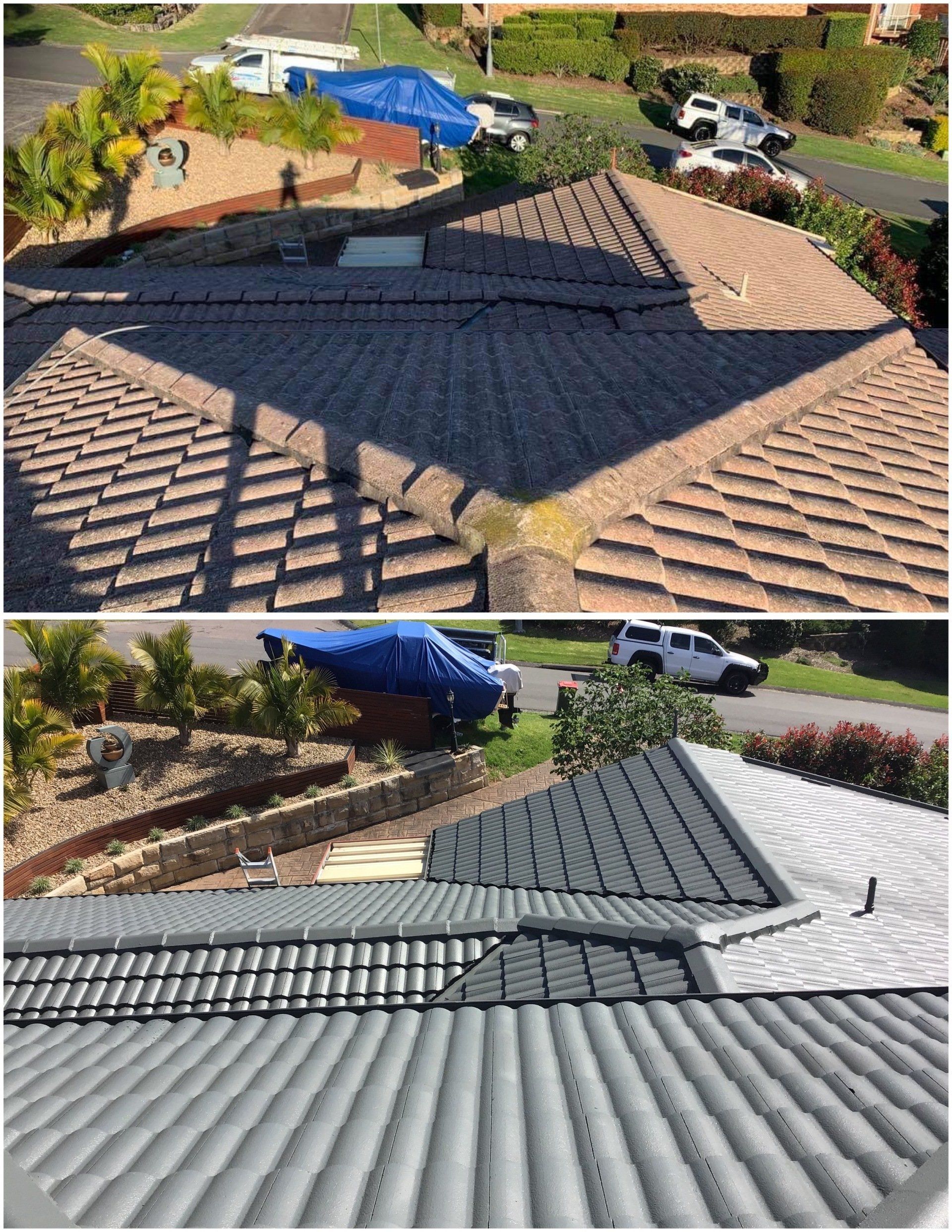 Top: Brown tile roof. Bottom: Grey tile roof. Vehicles and foliage surround both.