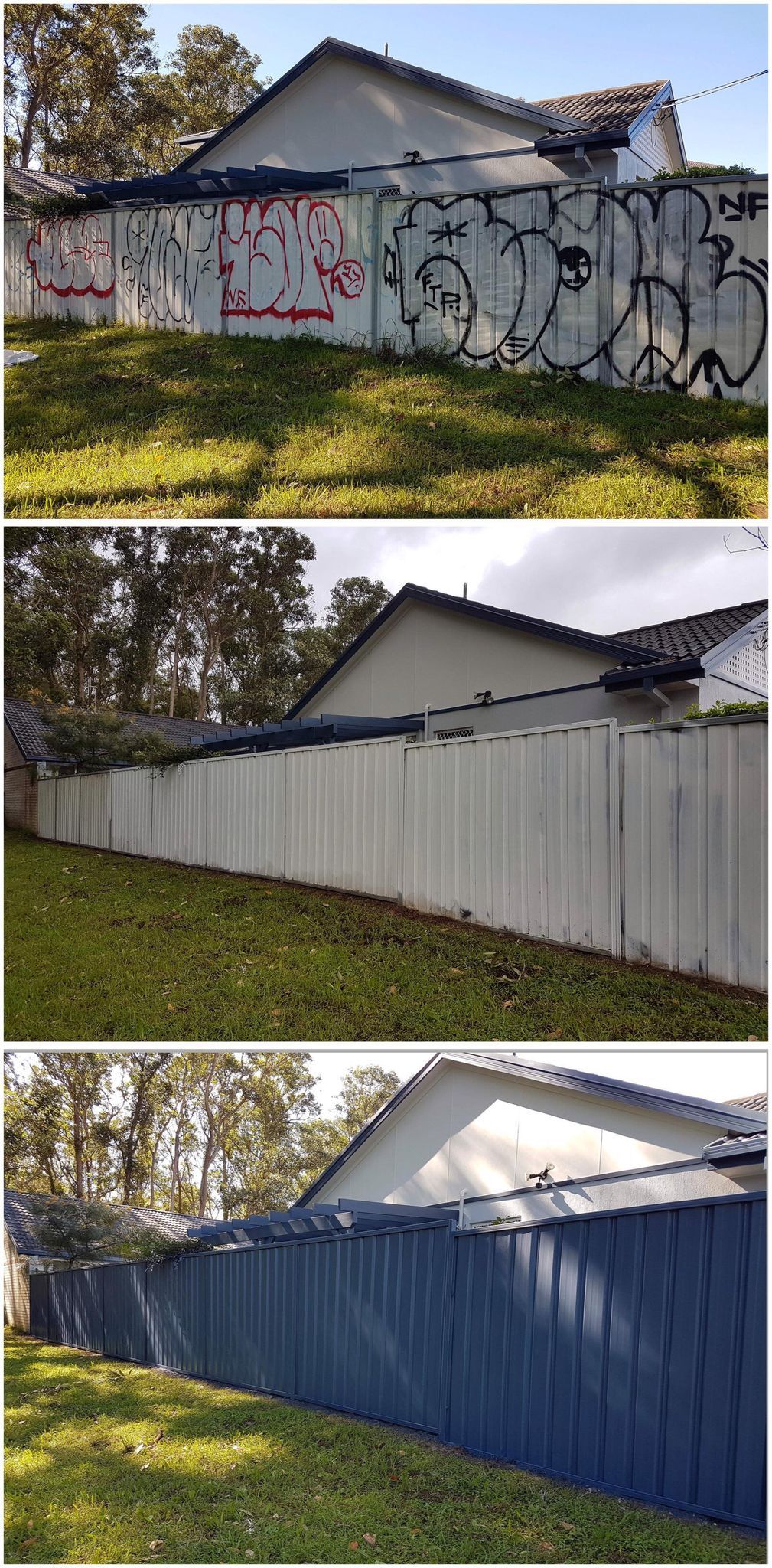 Fence before and after graffiti removal, and then painted blue.