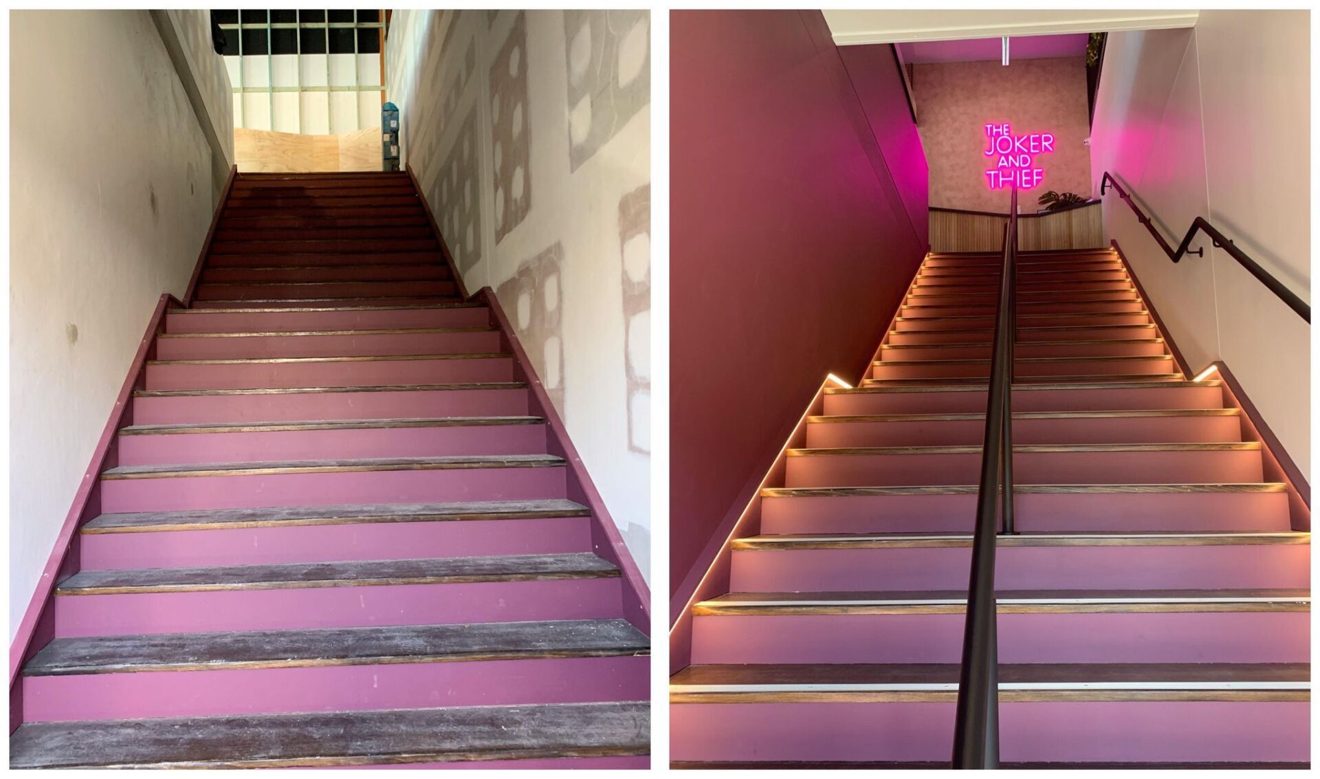 Staircase before and after renovation: pink steps with metal railings, lit with pink neon sign at the top.