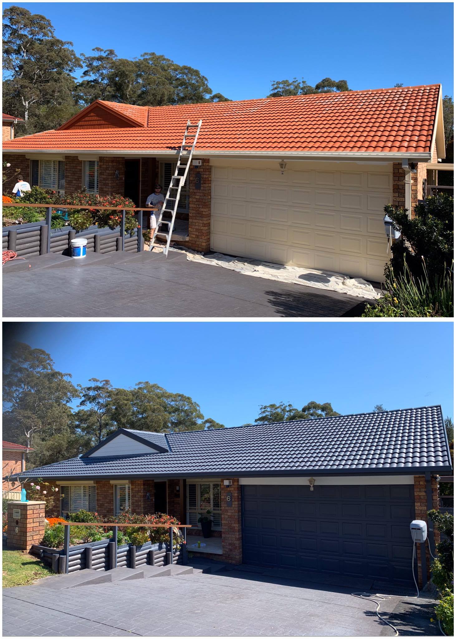 Before and after of a house with a roof painted from red to dark gray, with a person on a ladder.