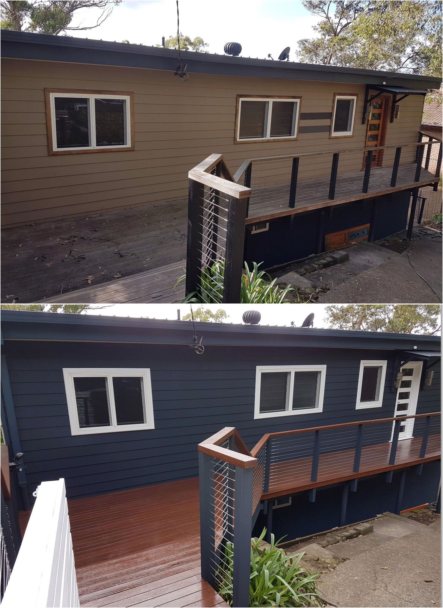 Top: Brown house with deck. Bottom: Dark blue house with red deck.