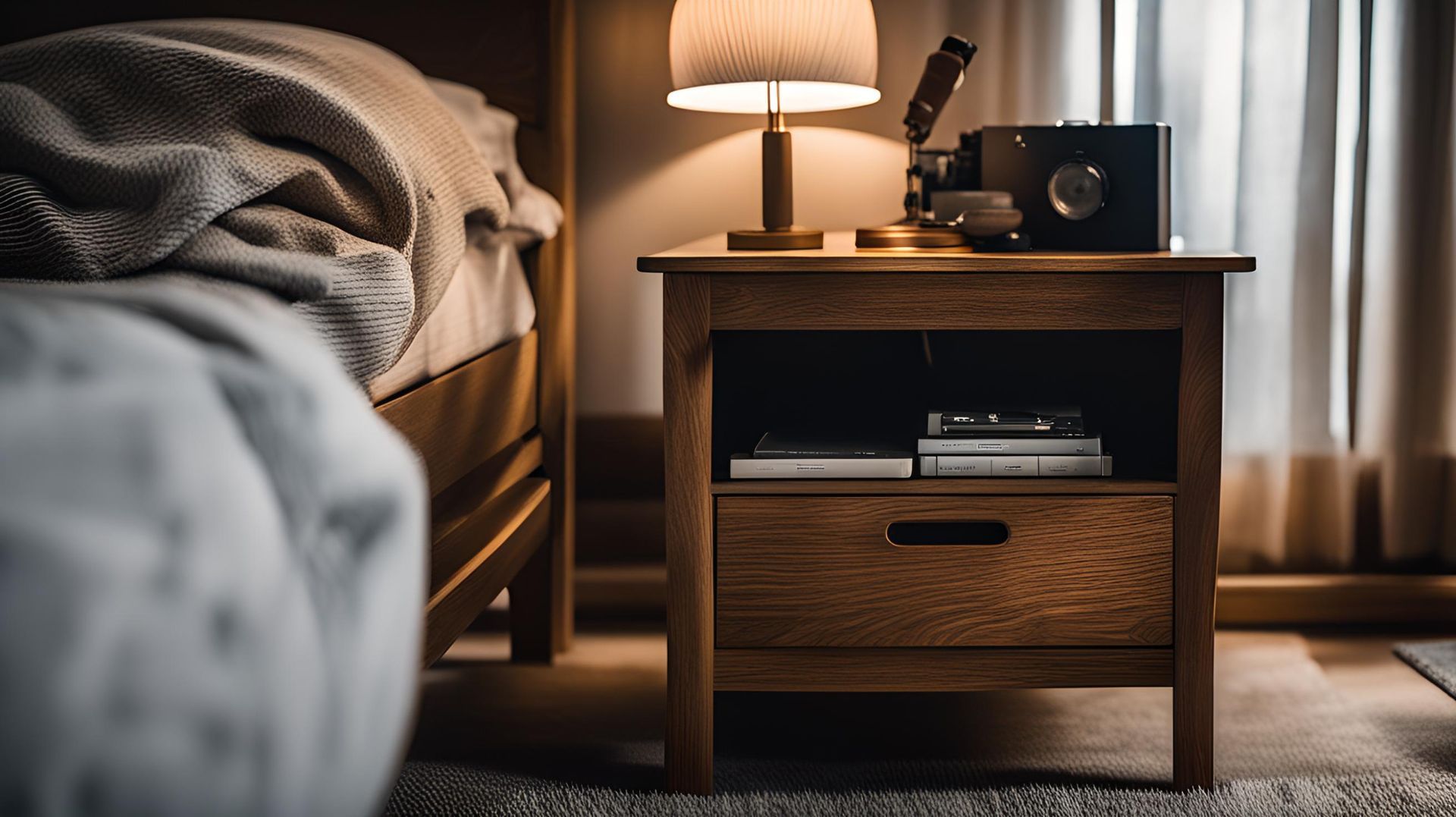Solid Cherry wood nightstand with one drawer and a space to put your favorite book. Classic design for always-in-trend look. 