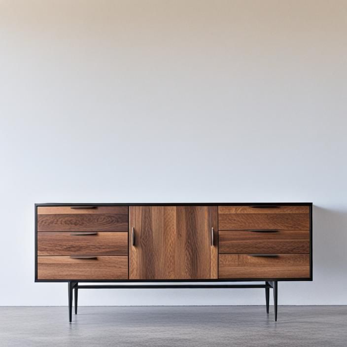 Mid-century modern solid-cherry cabinet with three drawers on each side and two doors in the center, supported by black legs.