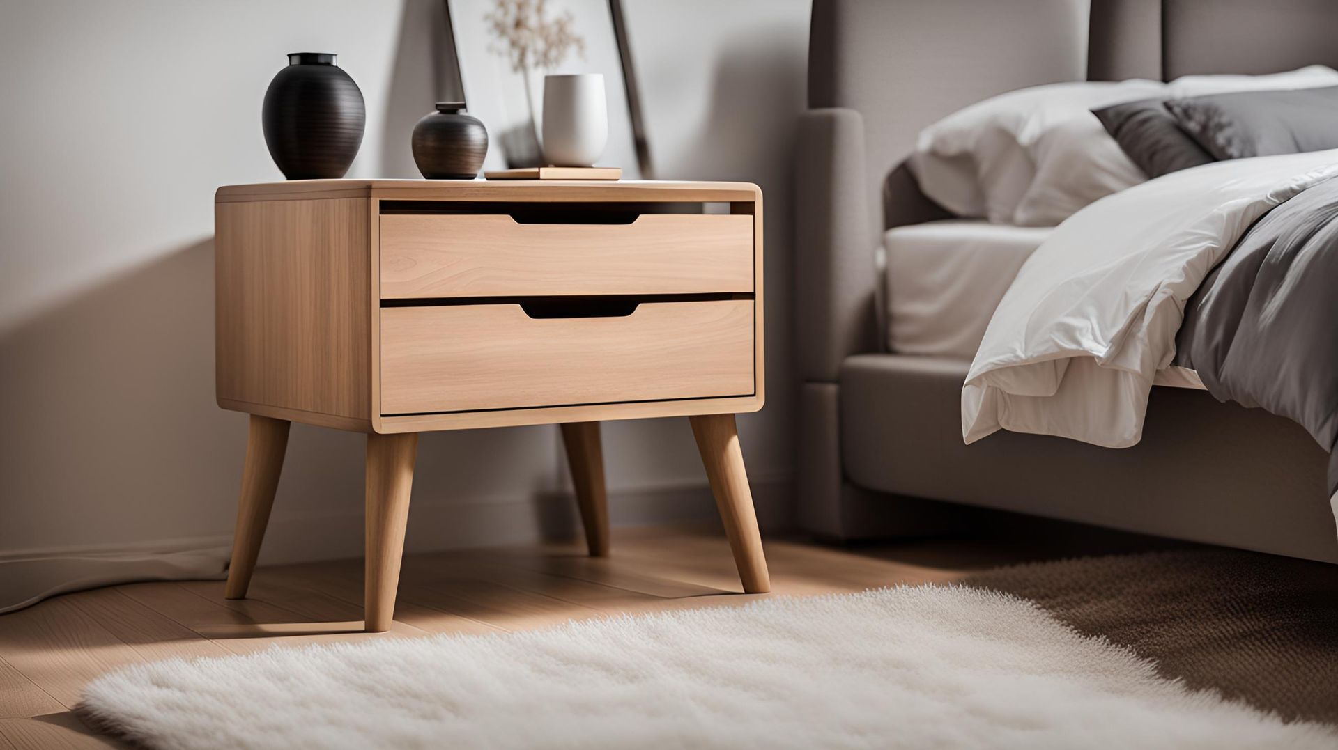 Solid Beech nightstand with two drawers and tapered legs. Beautiful as it gets.