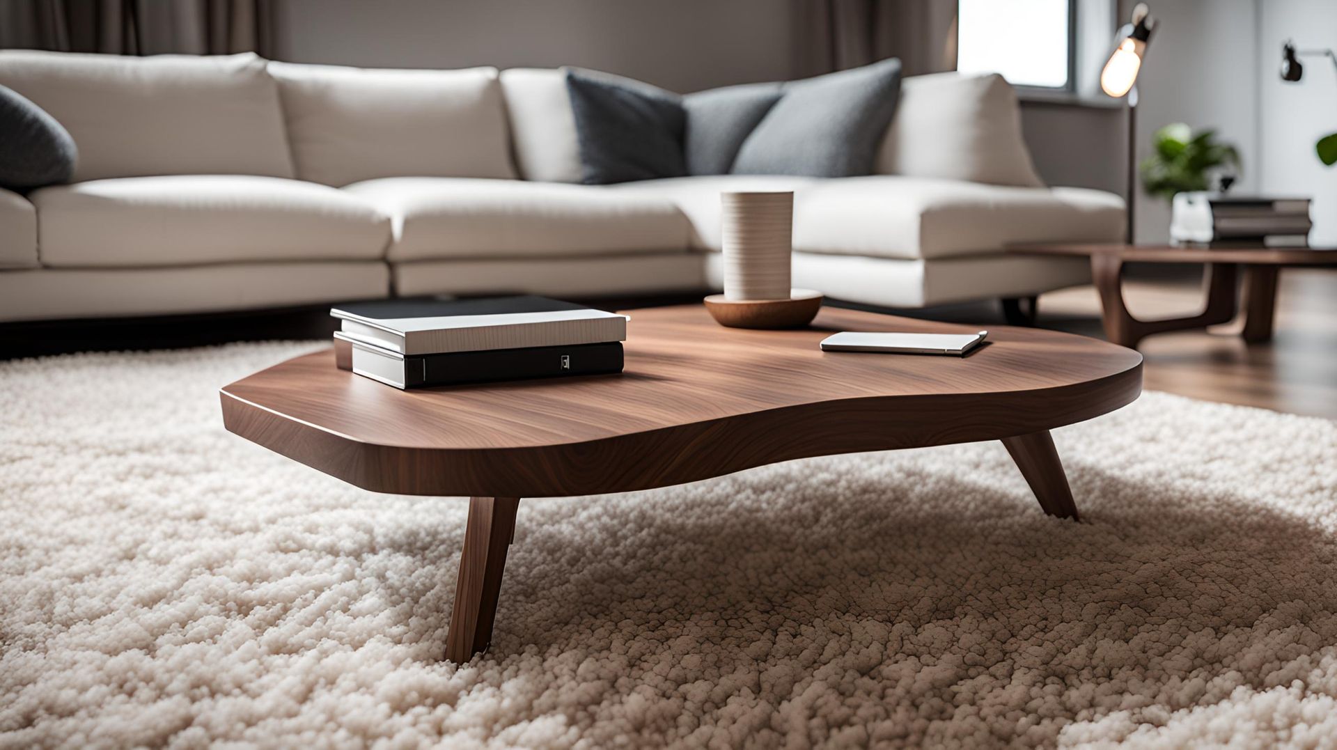 A modern living room featuring a white sectional sofa, a wooden coffee table with books and a cup, and a fluffy white rug.