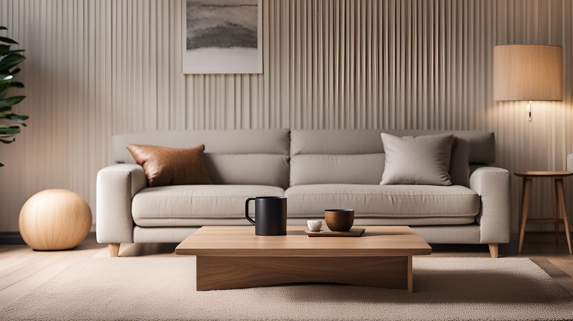 Living room with a beige sofa, wooden coffee table, and floor lamp. The setting features a textured wall and neutral tones.