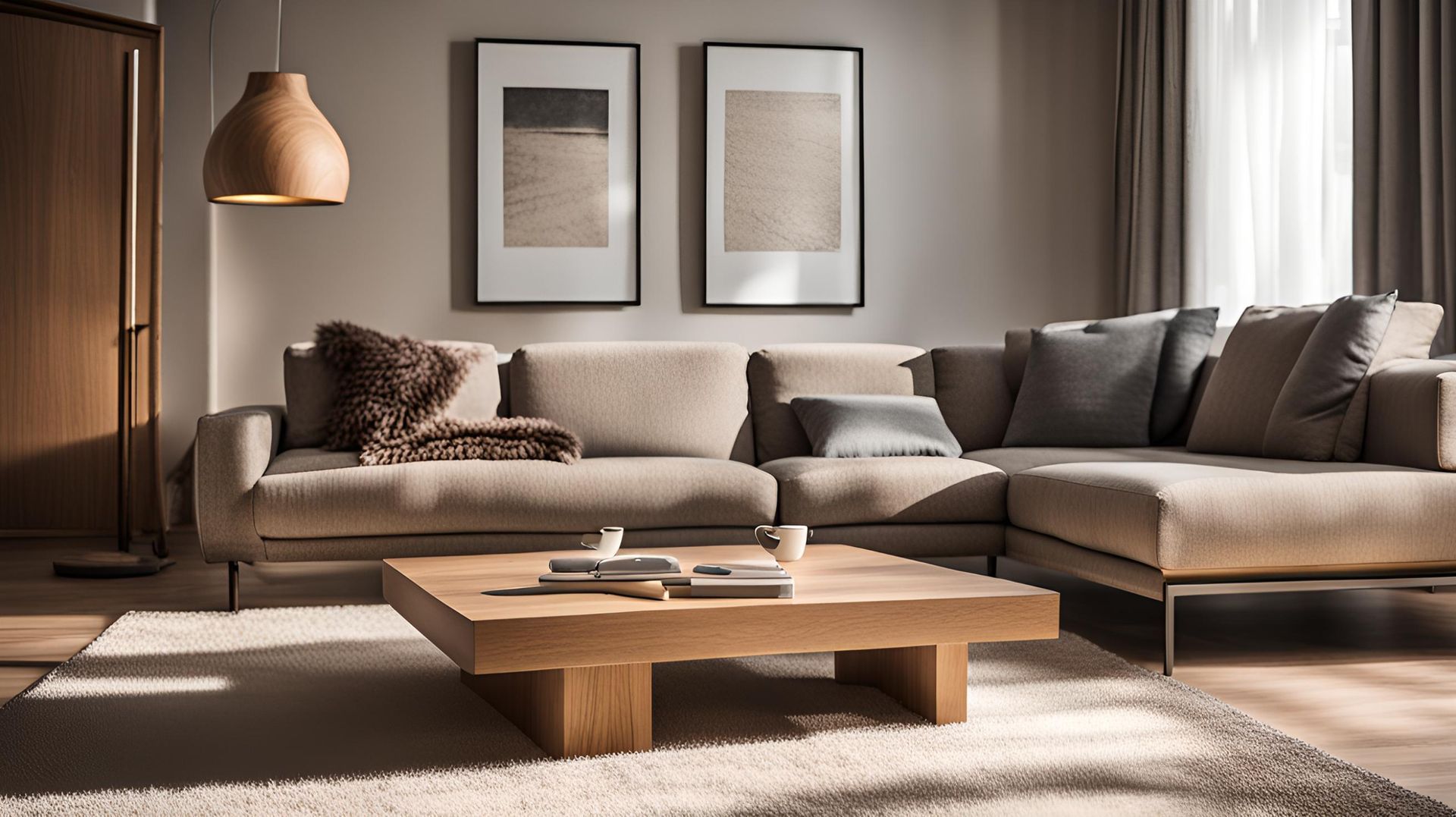 A modern, neutral-toned living room with a sectional sofa, wooden coffee table, and two framed artworks.