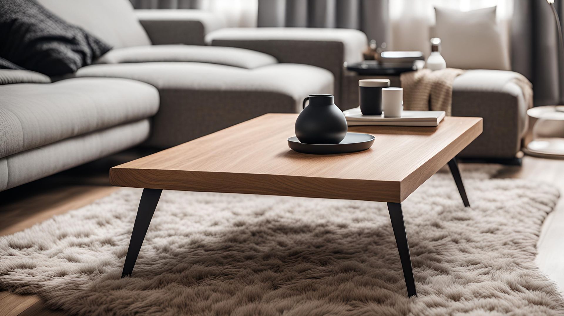 European Oak coffee table with black legs. Center of a galaxy named Living room.