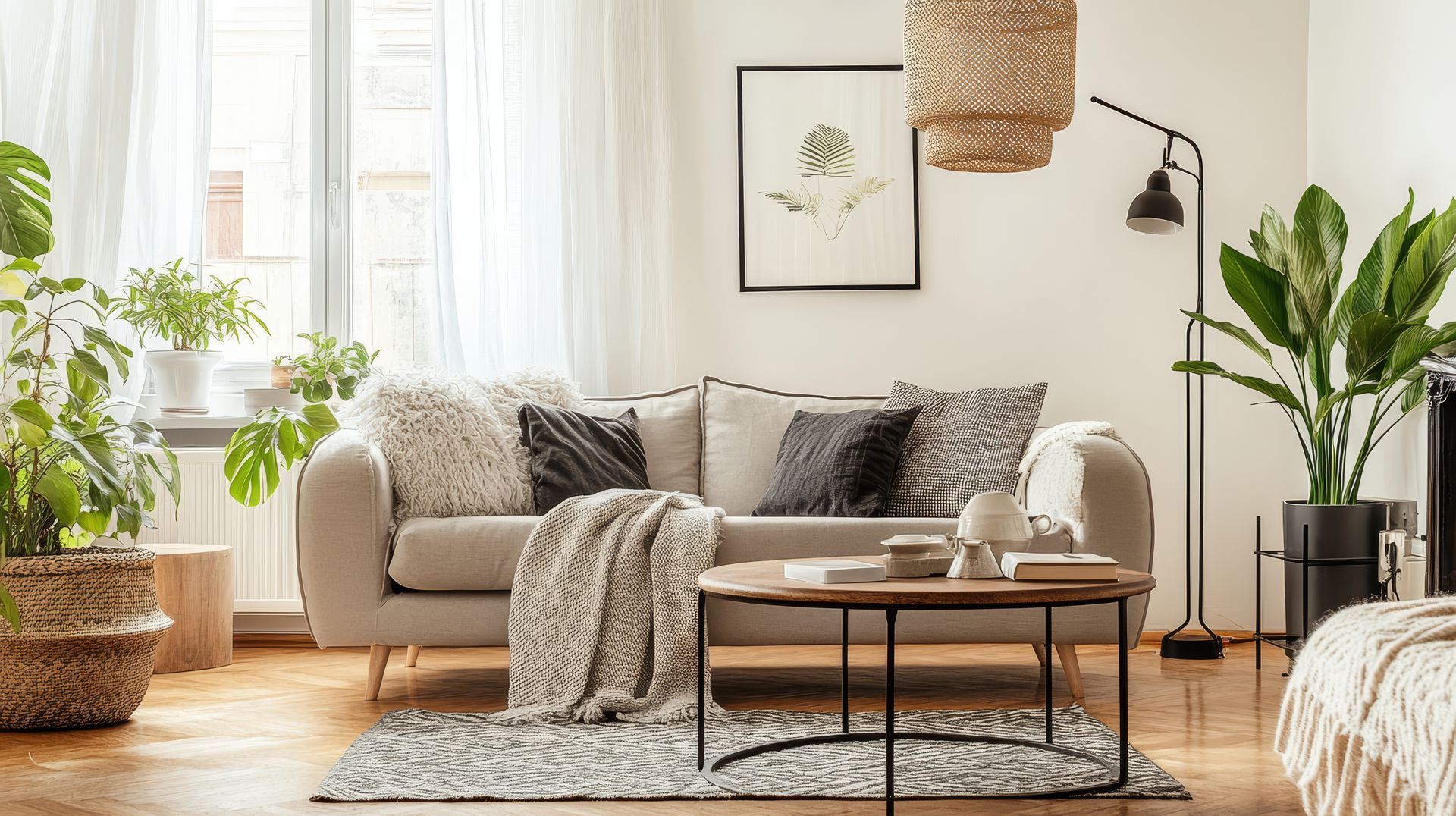 Salon cosy aux tons neutres, avec des plantes et un canapé.