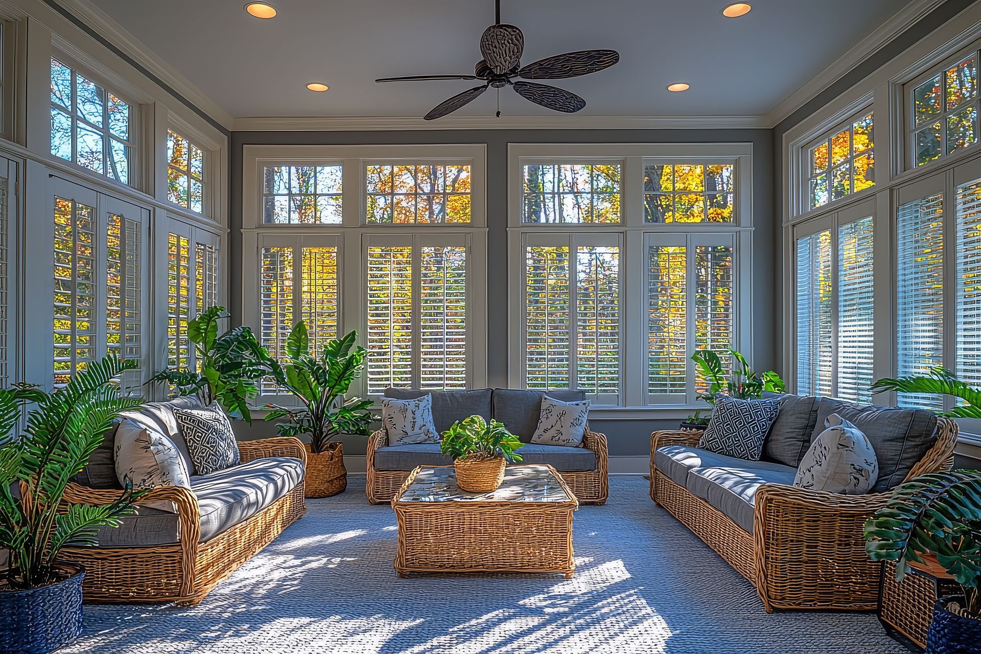 Véranda avec mobilier en osier, grandes fenêtres et plantes. Espace lumineux et aéré avec tapis bleu et vue sur les arbres feuillus à l'extérieur.