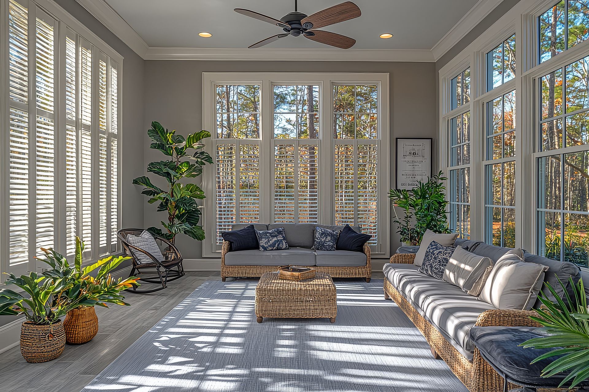 Véranda avec de hautes fenêtres, des murs gris et des meubles de couleur claire, remplie de plantes et de lumière naturelle.