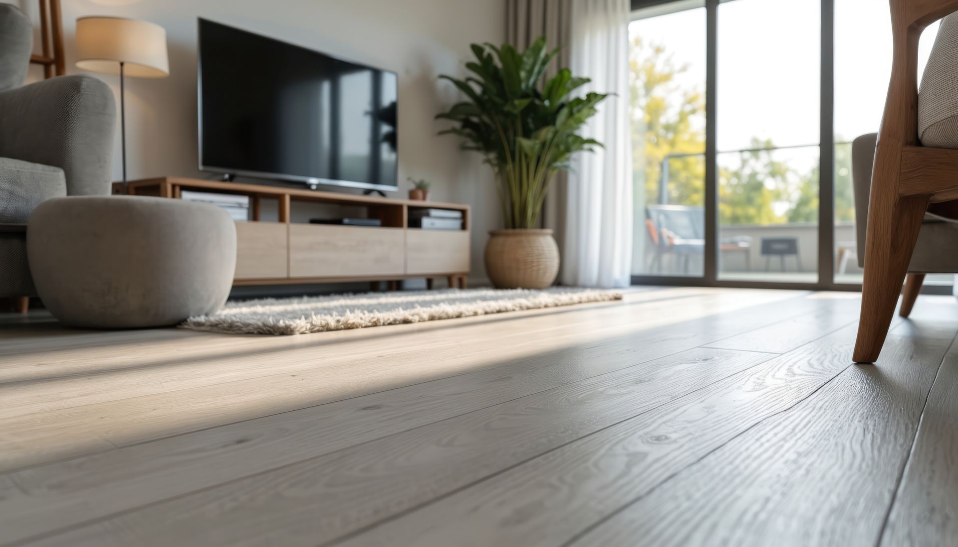 Salon lumineux avec parquet, télévision et grandes fenêtres. La lumière naturelle inonde l'espace.