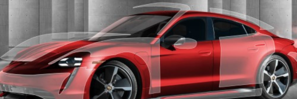 Red vehicle showing paint protection film coverage areas for PPF cost options.