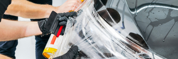 Professional paint protection film installation on a vehicle bumper.