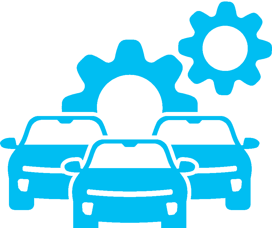 Three blue cars with gears, indicating auto service.