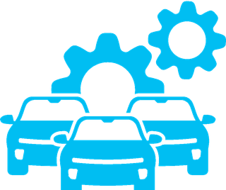 Three blue cars with gears, indicating auto service.