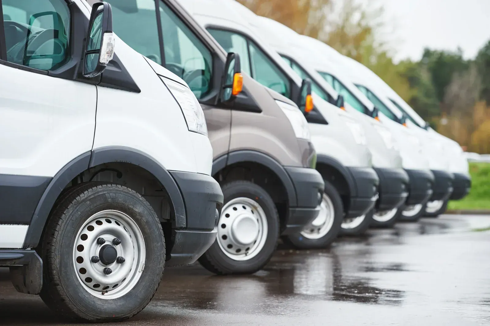Line of white and brown vans parked on wet pavement.