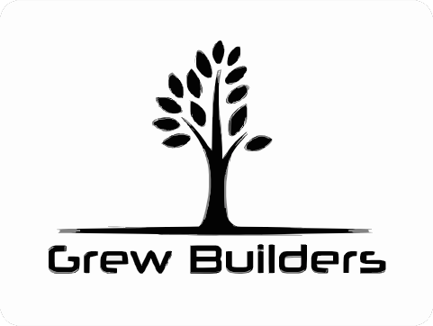 Logo for Grew Builders featuring a black silhouette of a tree above the company name in a modern font.