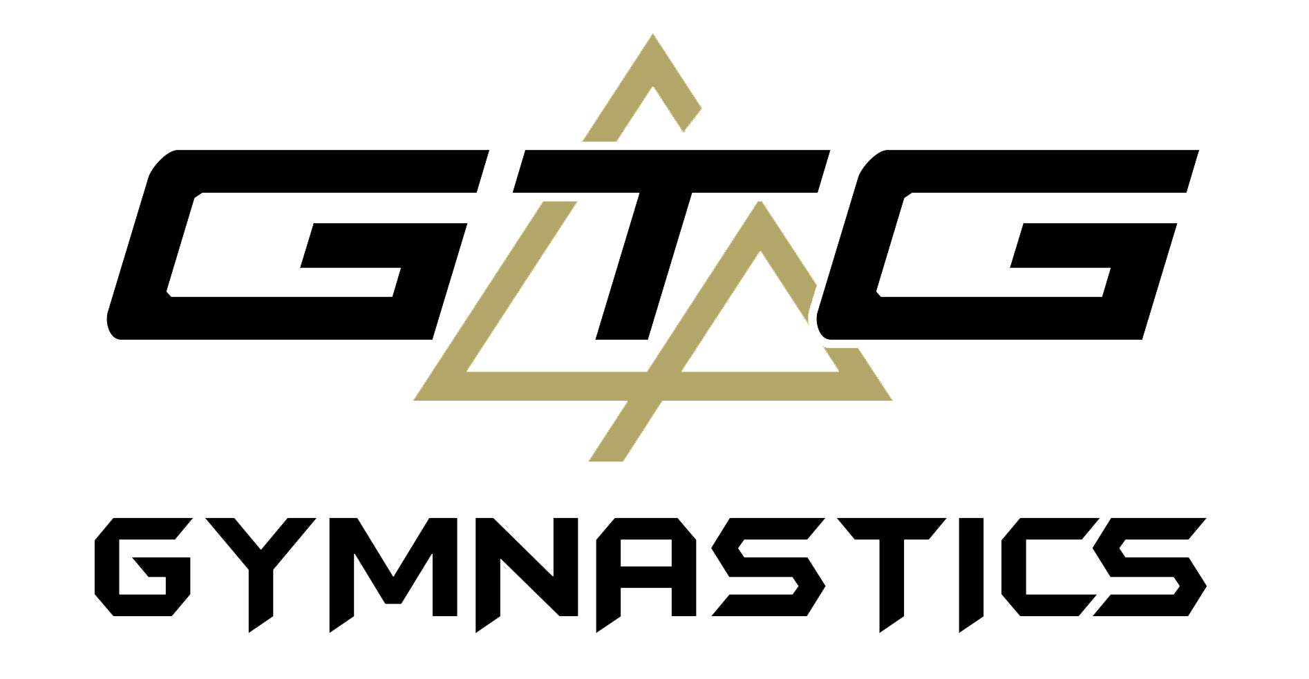 The logo for gtg gymnastics is black and gold with a triangle in the middle.