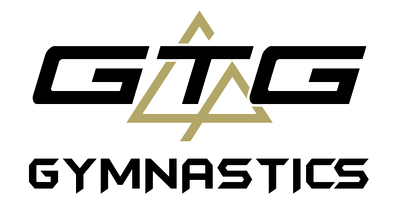 The logo for gtg gymnastics is black and gold with a triangle in the middle.