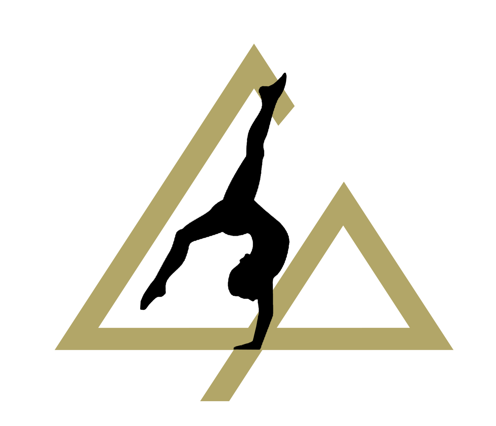 A silhouette of a person doing a handstand in a triangle on a white background