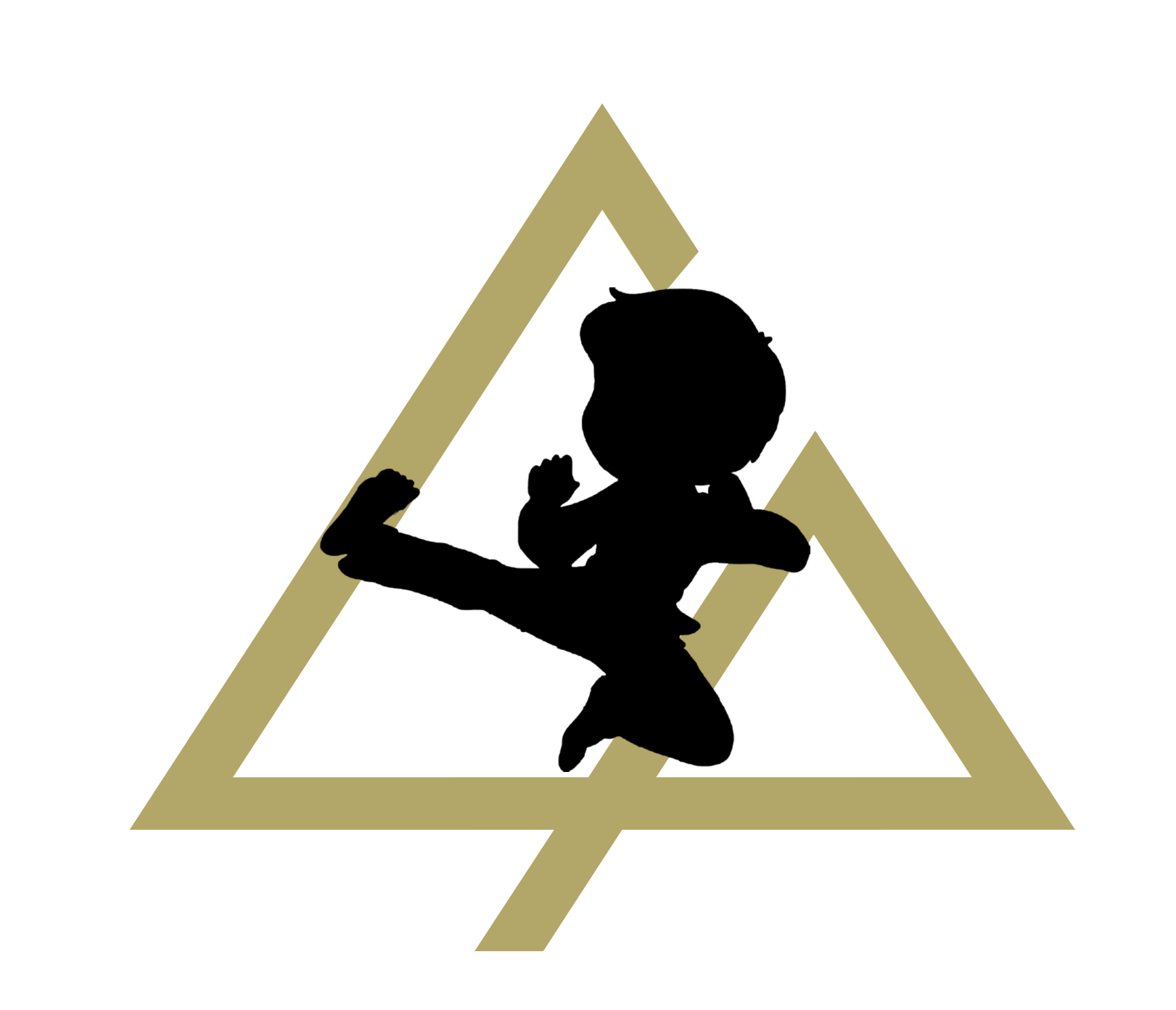 A silhouette of a person in a karate pose in a triangle.