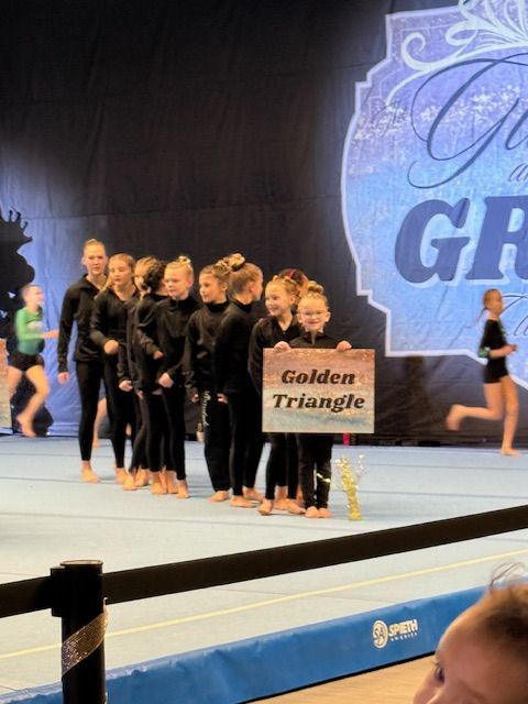 A group of gymnasts are raising their hands in the air