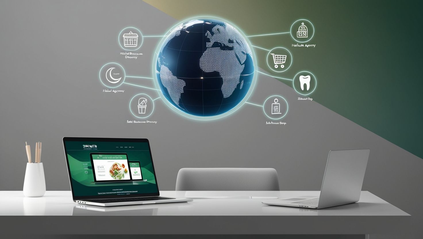 A laptop computer is sitting on a desk with a globe in the background.