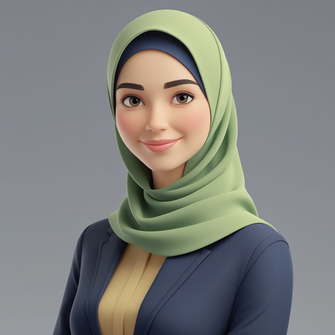 A woman wearing a green hijab and a blue jacket