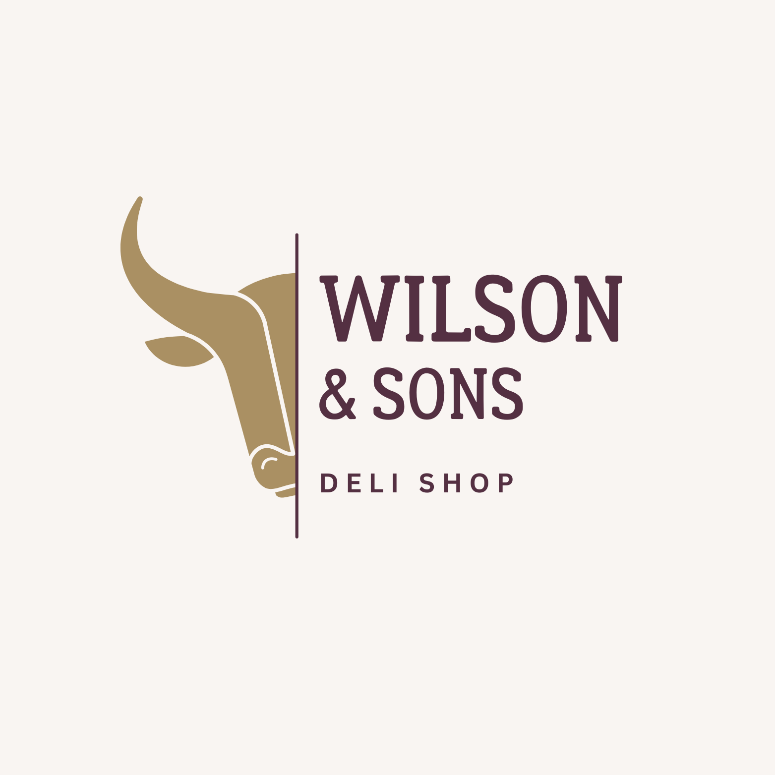 A logo for wilson & sons deli shop with a bull 's head.