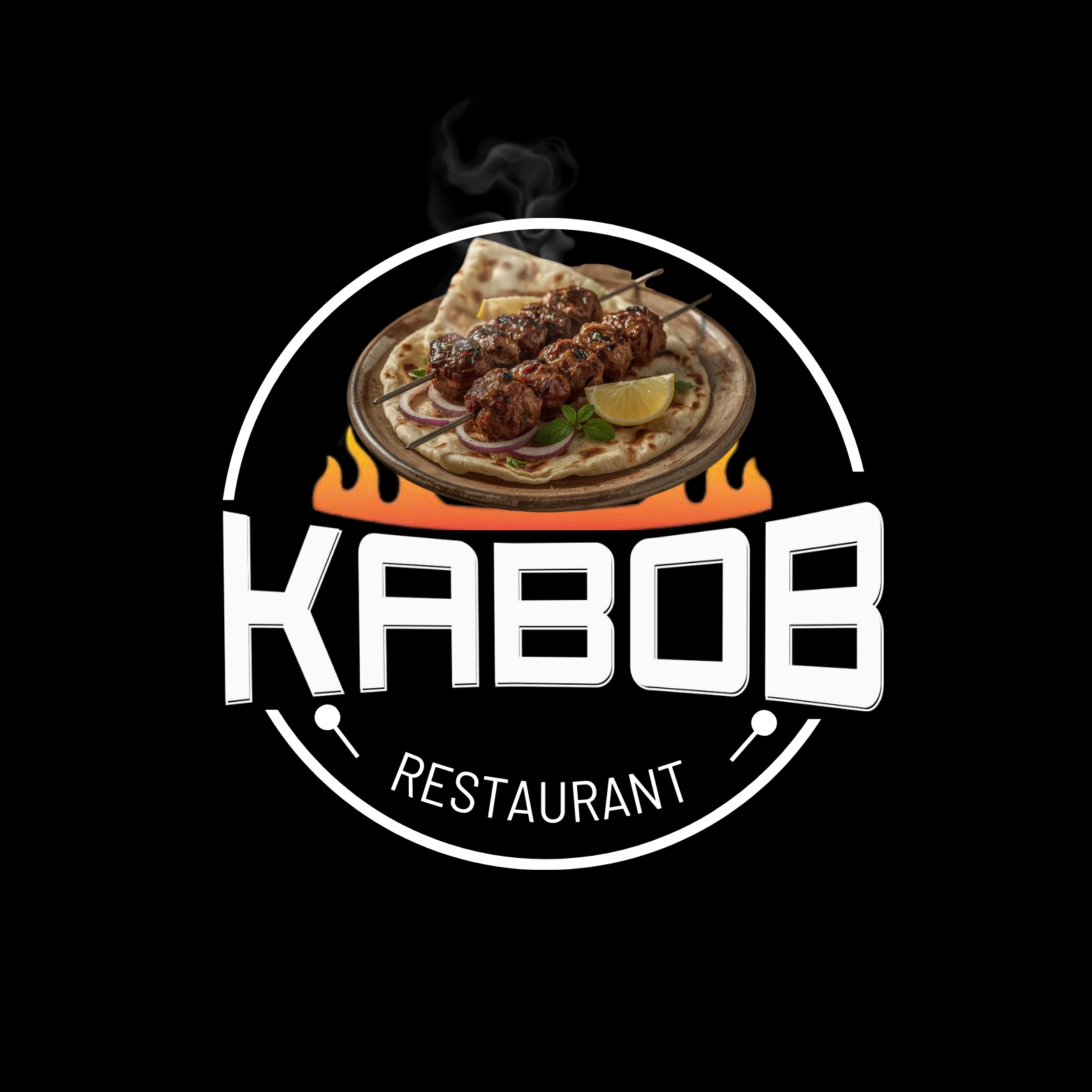 A logo for a restaurant with a plate of food on a black background.